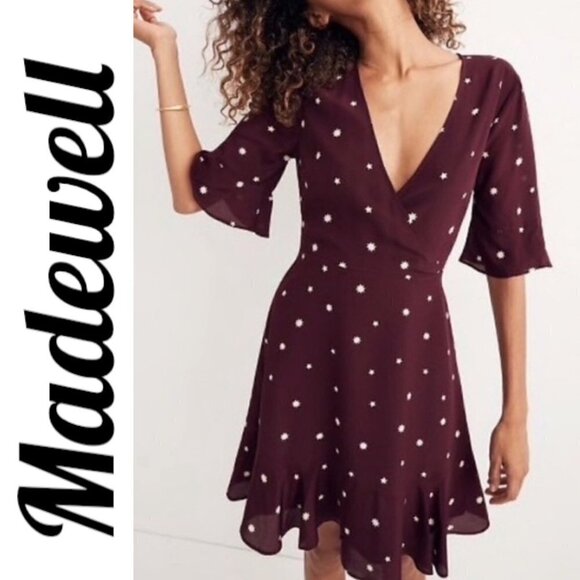 MADEWELL 100% Silk Burgundy Star Print Flutter Hem Faux Wrap Mini Dress, Small - Picture 1 of 13